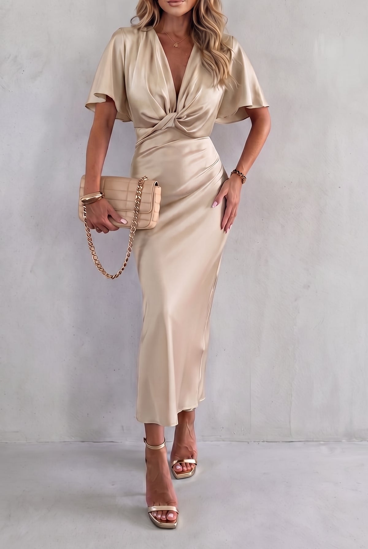 Satin Twist Front Midi Dress in Beige