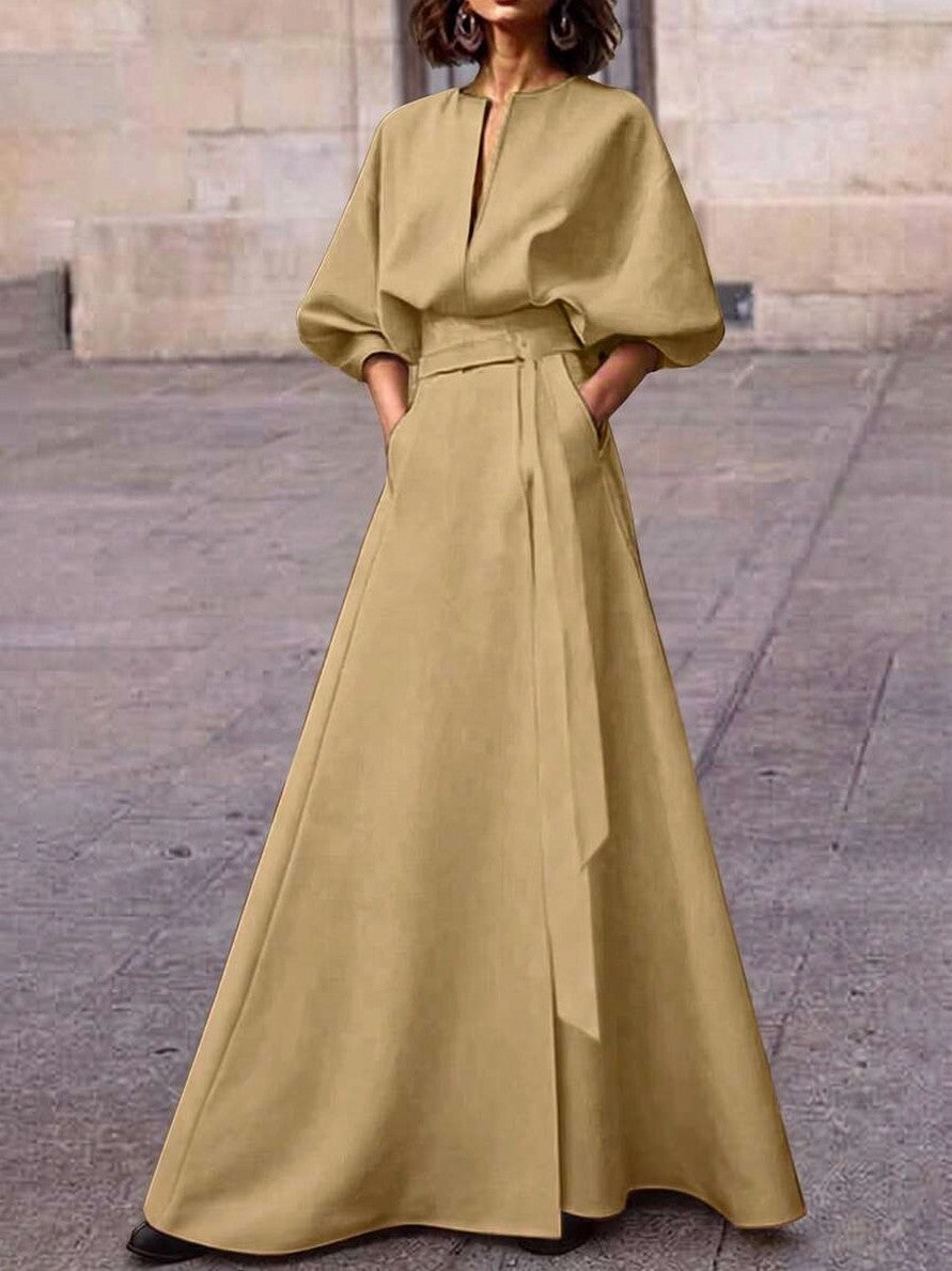 Belted Puff Sleeve Maxi Dress in Khaki