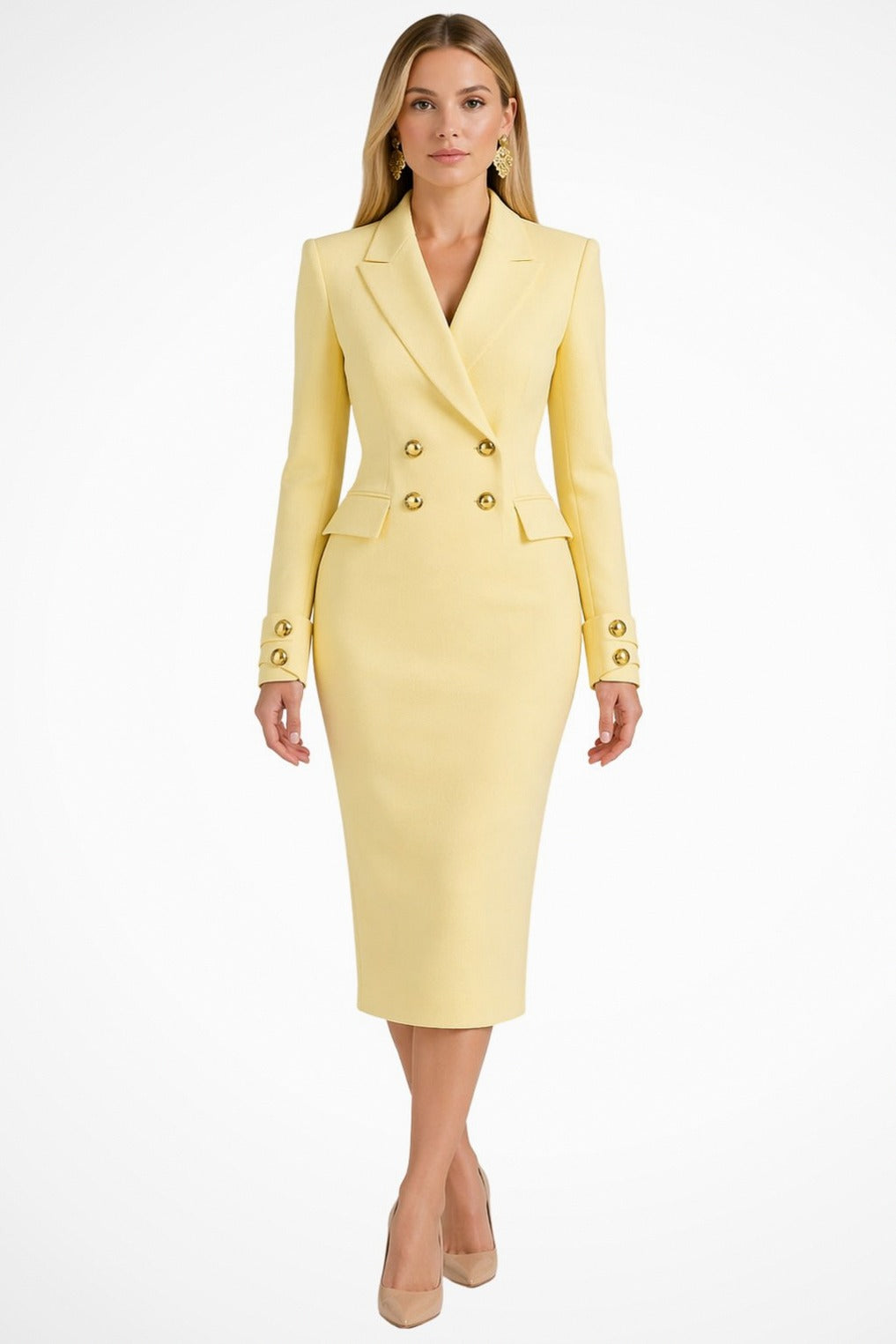 Button Front Blazer Midi Dress in Yellow