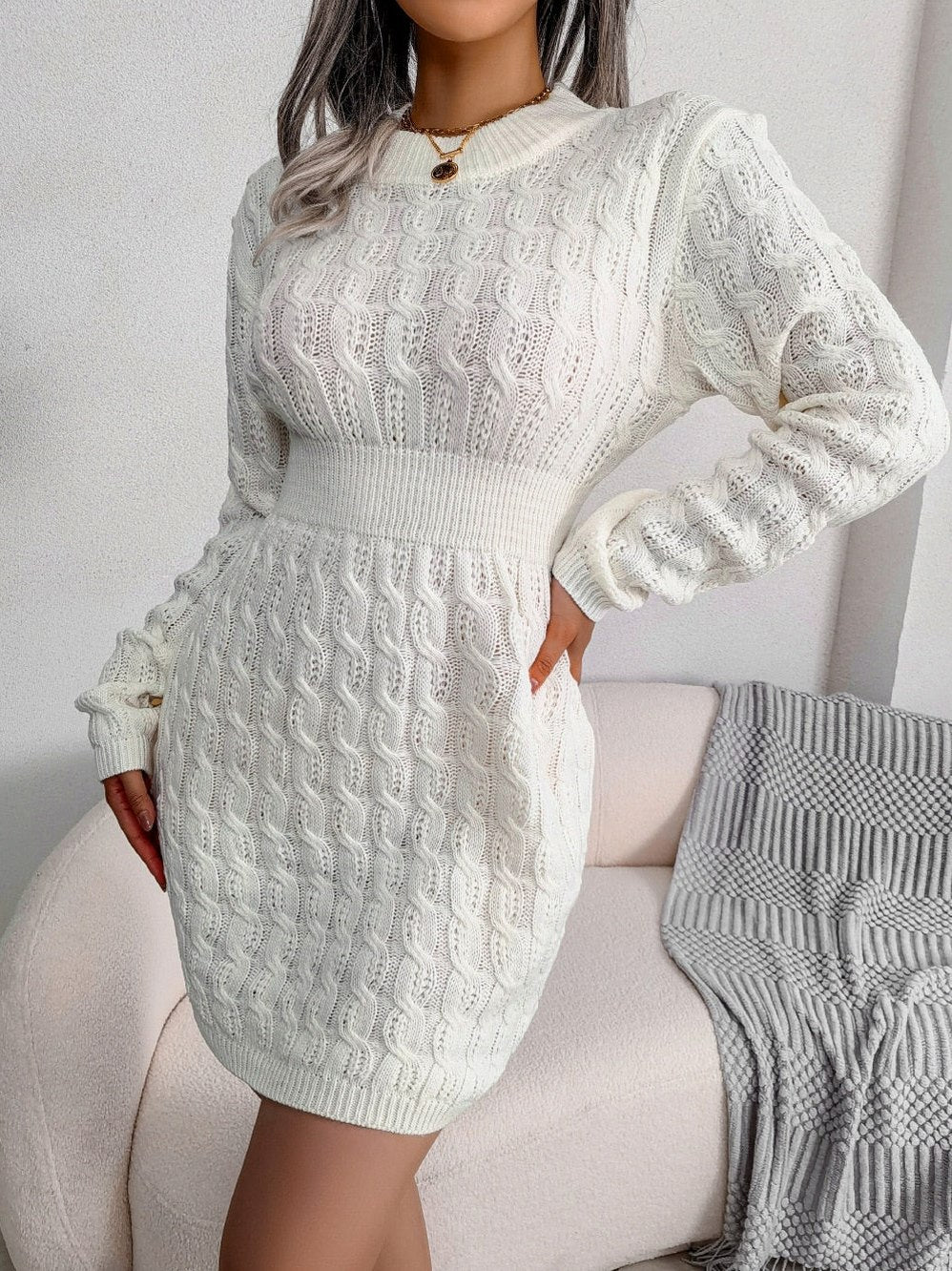 Cable Knit Crewneck Mini Sweater Dress in White
