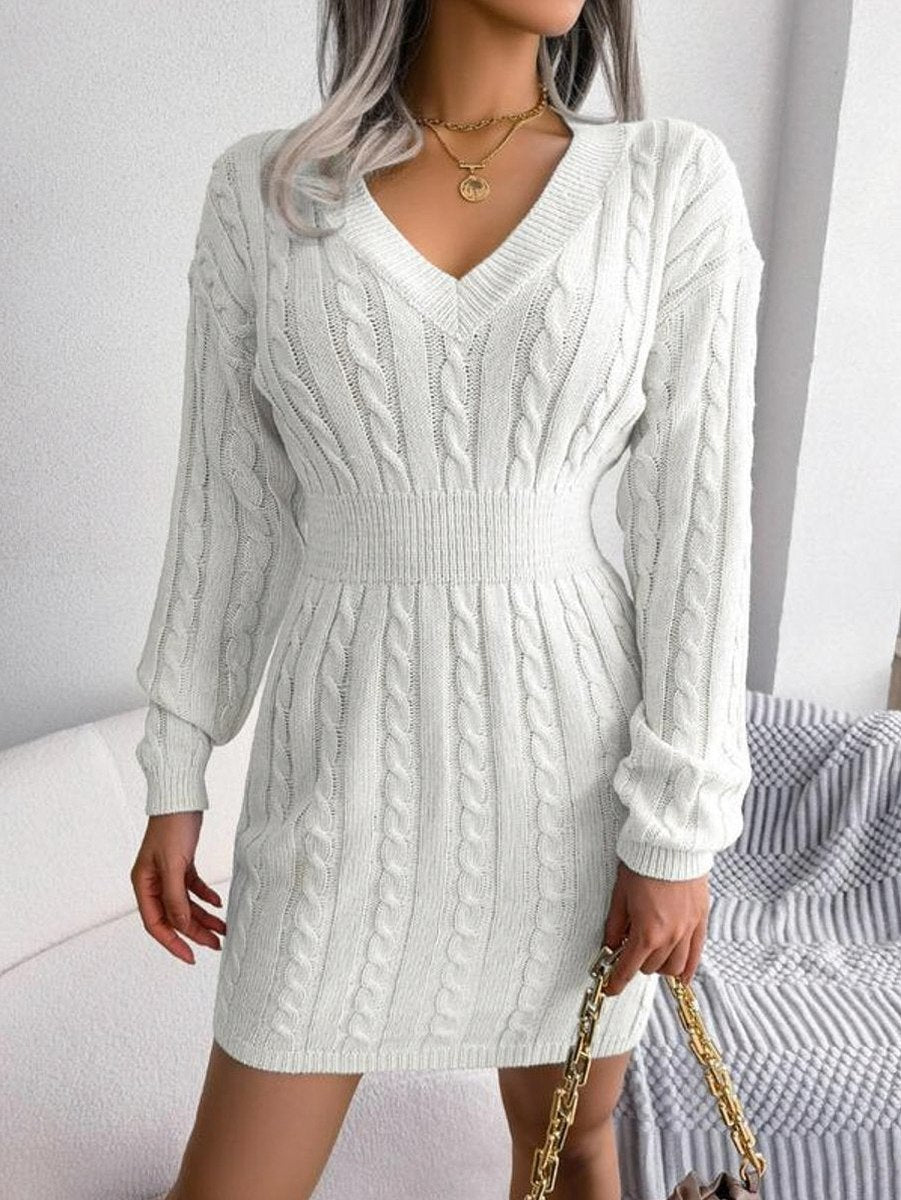 Cable Knit Ribbed Waist Mini Sweater Dress in Off White