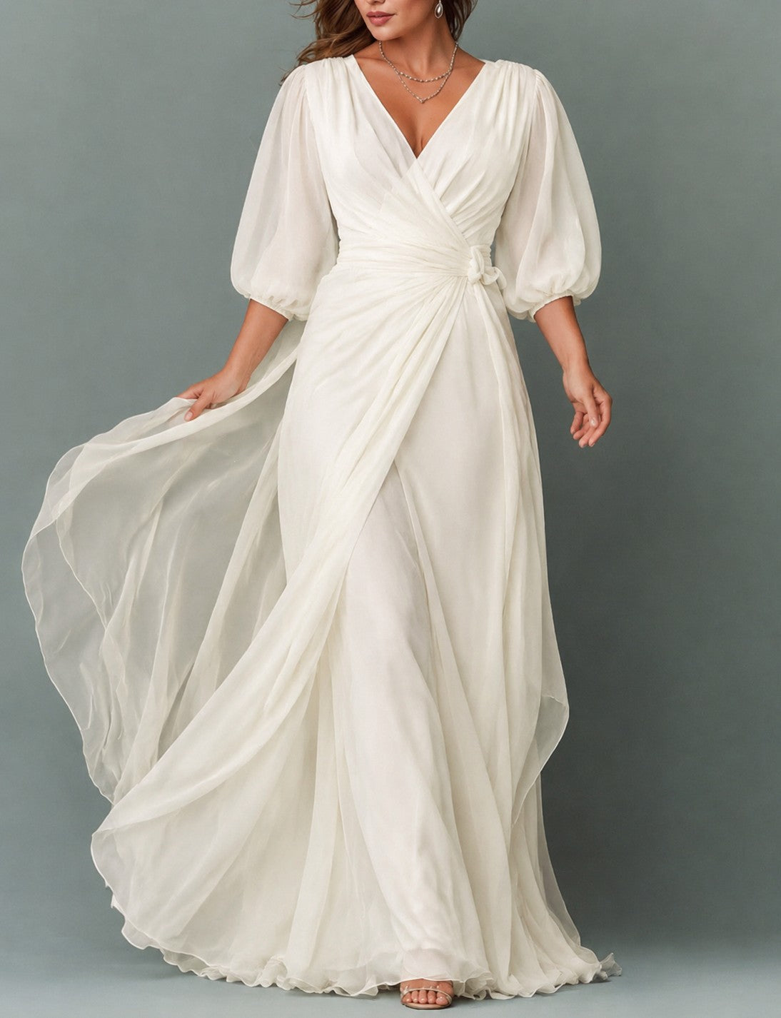 Chiffon Balloon Sleeve Wrap Maxi Dress in White