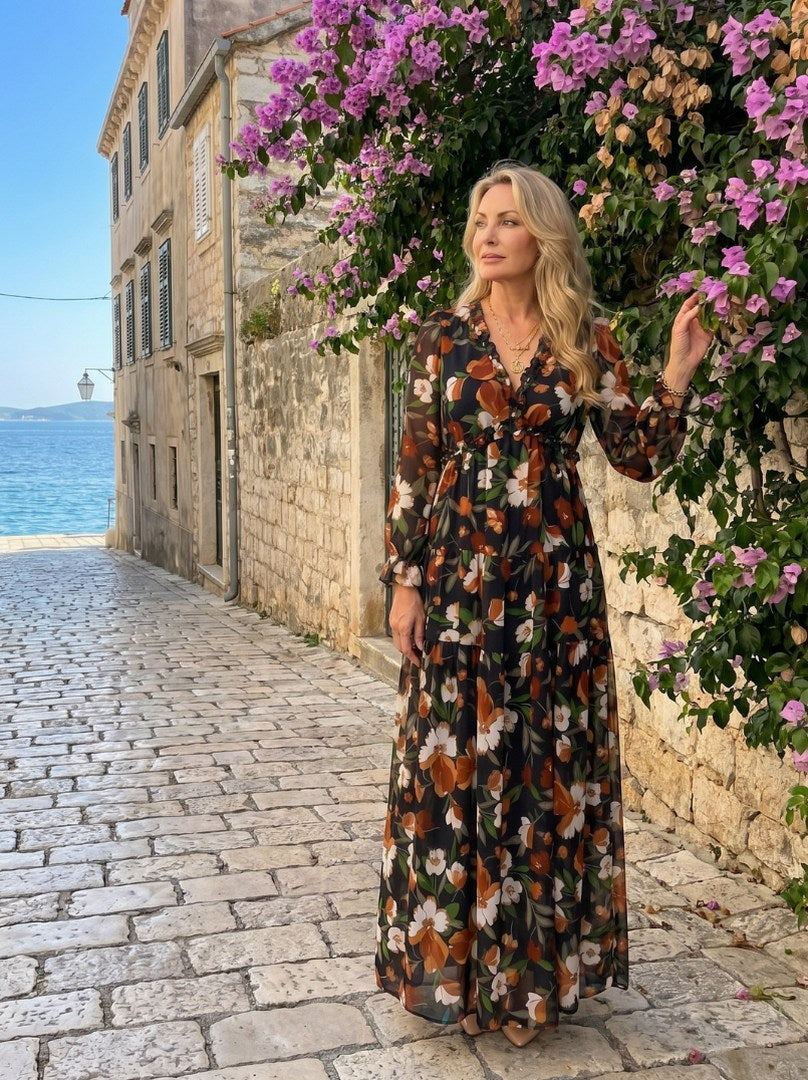 Chiffon Long Sleeve Tiered Maxi Dress