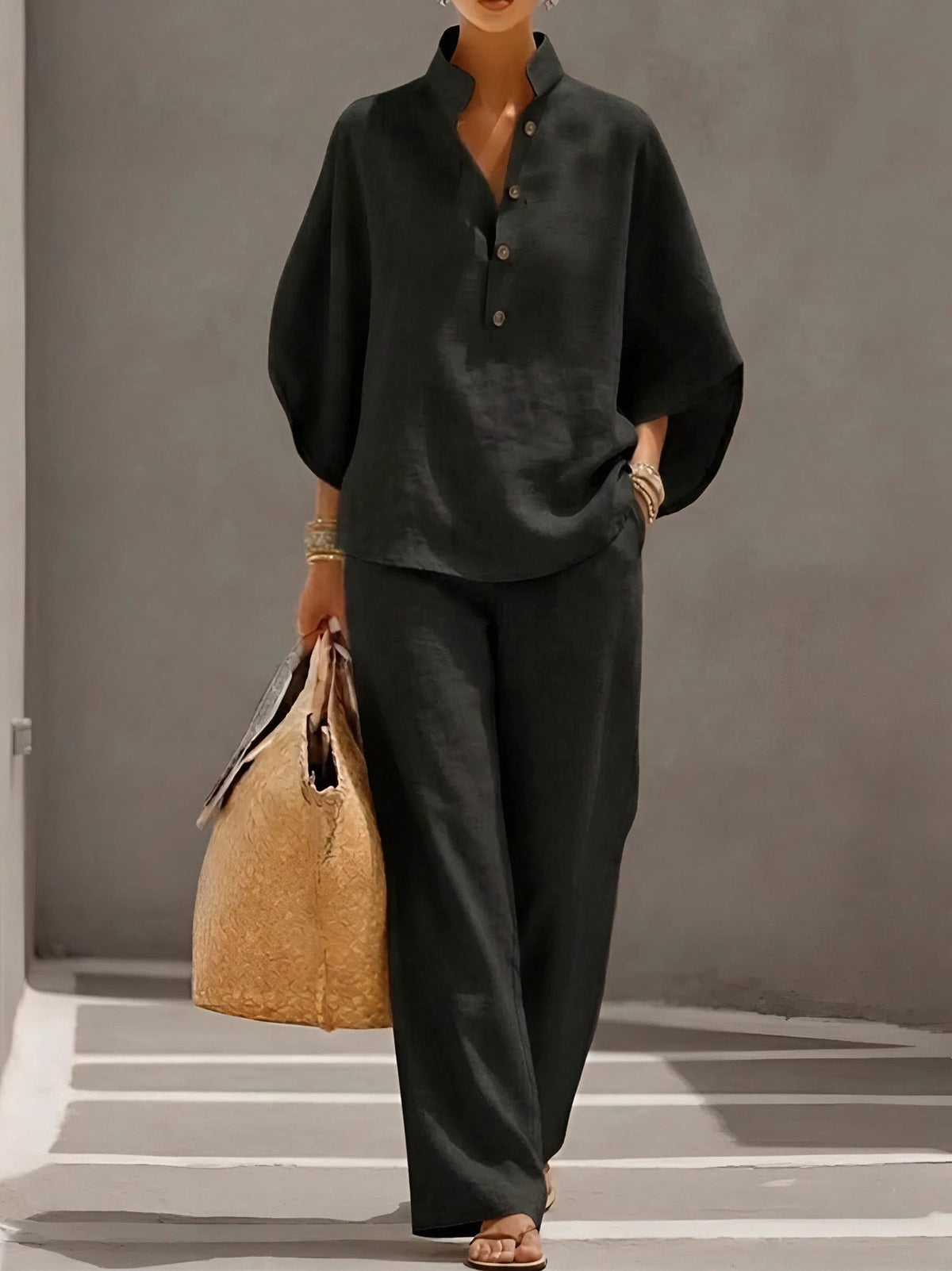 Collared Button Front Two Piece Set in Black