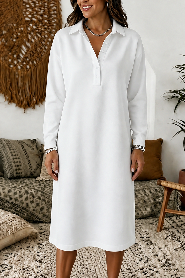 Fleece Polo Collar Midi Dress in White