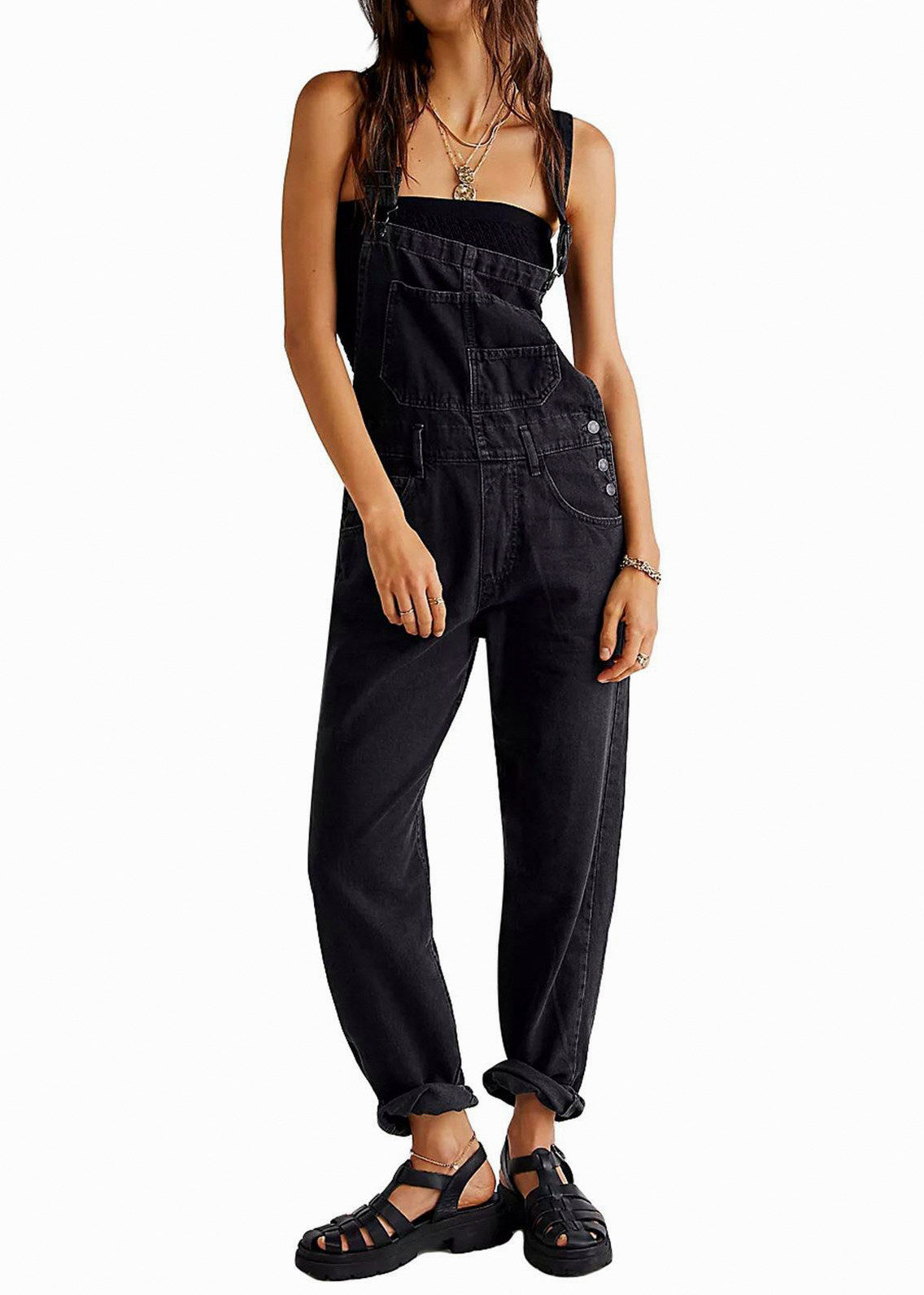 Denim Relaxed Overalls Jumpsuit in Black