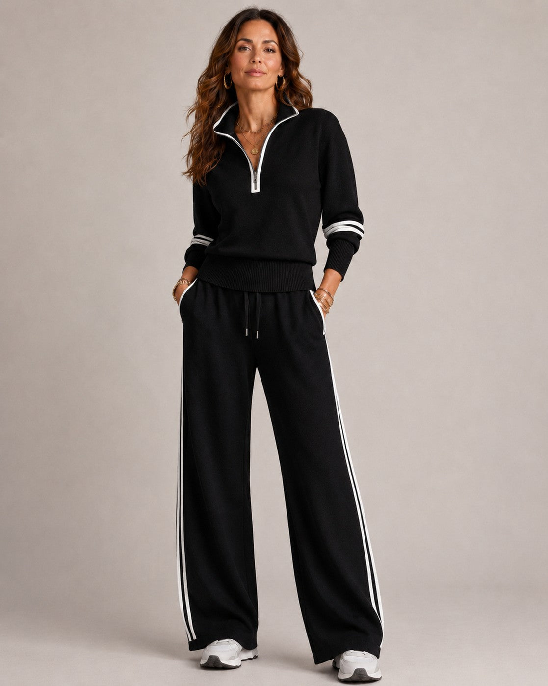 Knit Half Zip Two Piece Set in Black