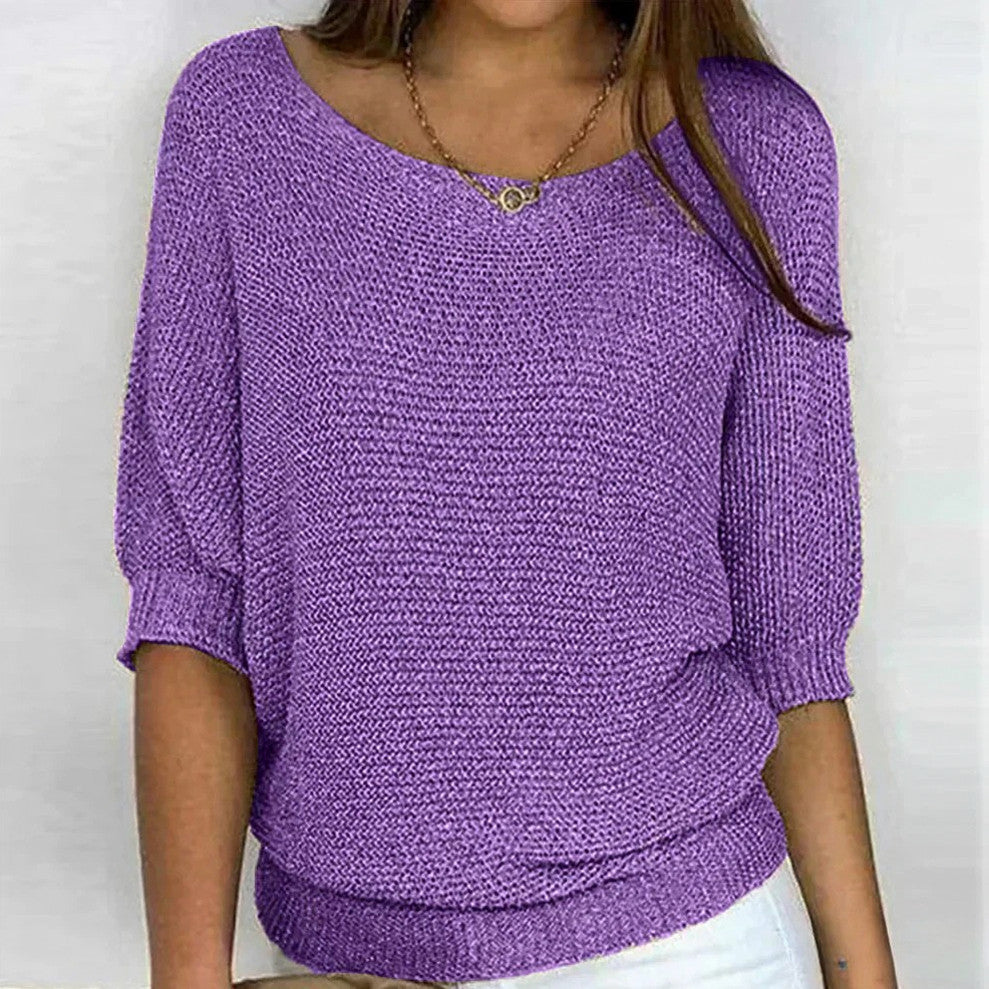 Knit Half Sleeve Scoop Sweater in Purple