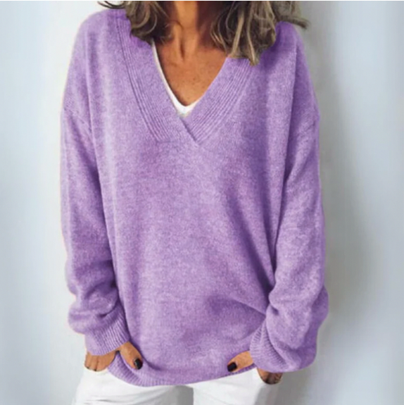 Knit V Neck Oversized Sweater in Purple