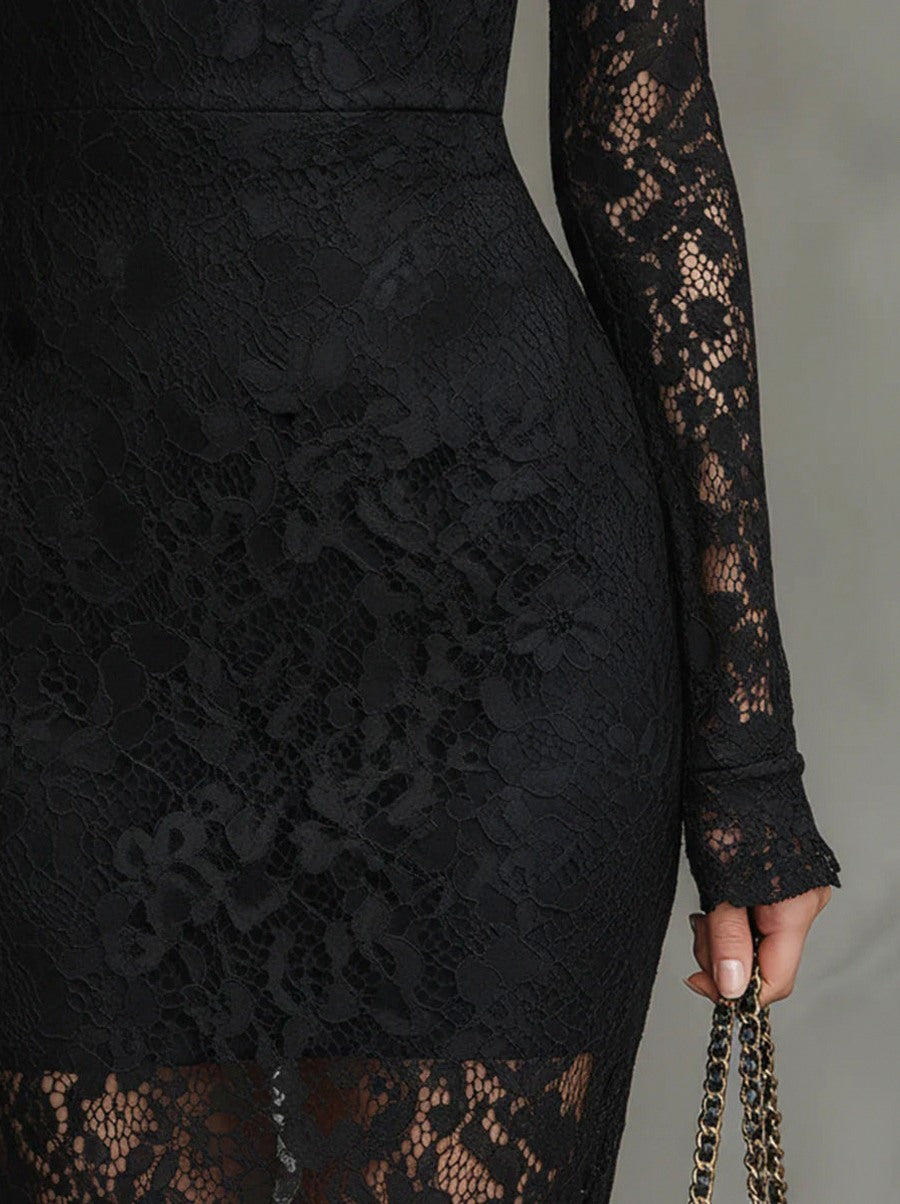 Lace Mock Neck Mermaid Midi Dress