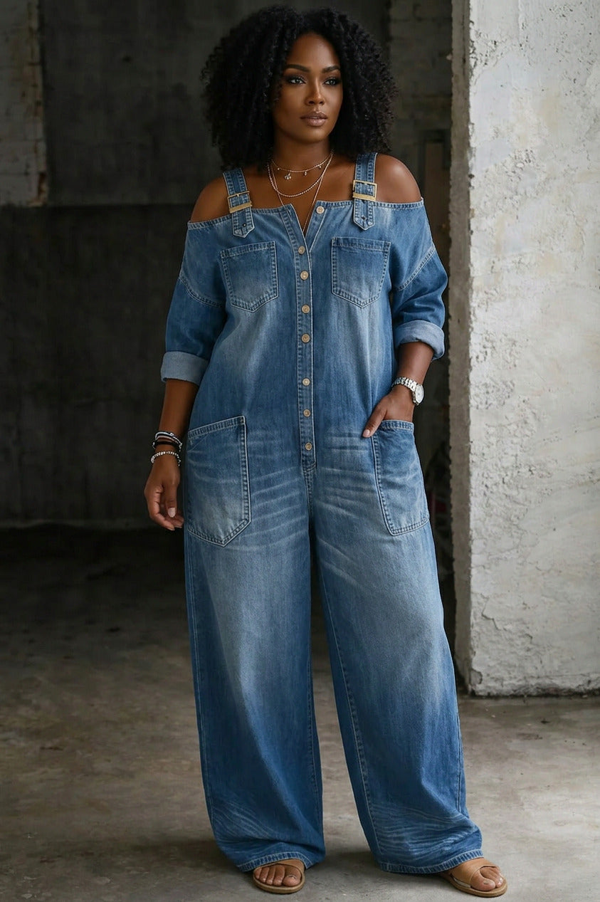 Off Shoulder Button Front Denim Jumpsuit in Blue