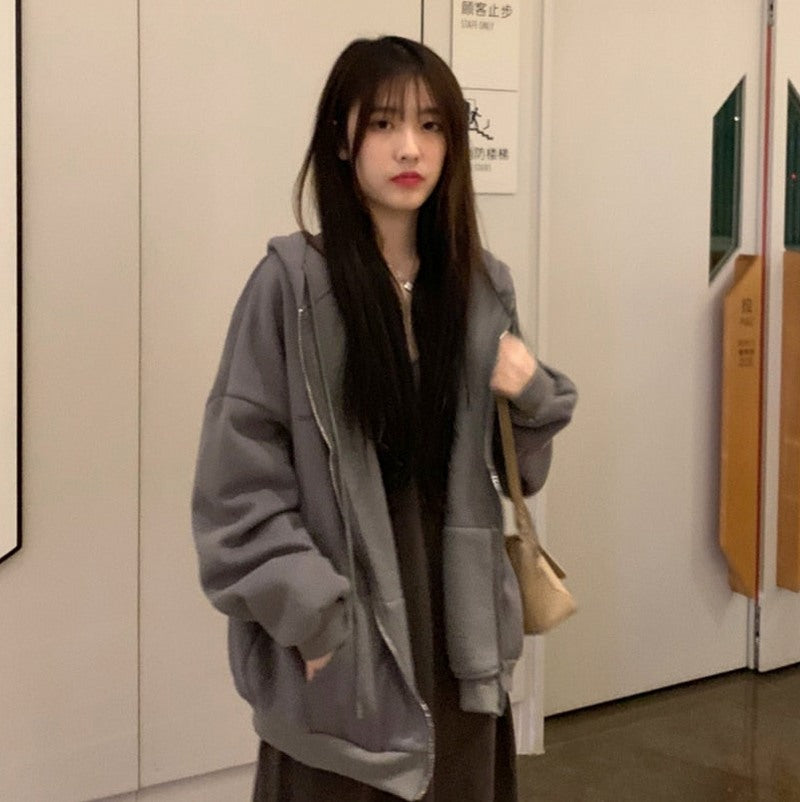 Oversized Fleece Zip Up Hoodie in Dark Gray