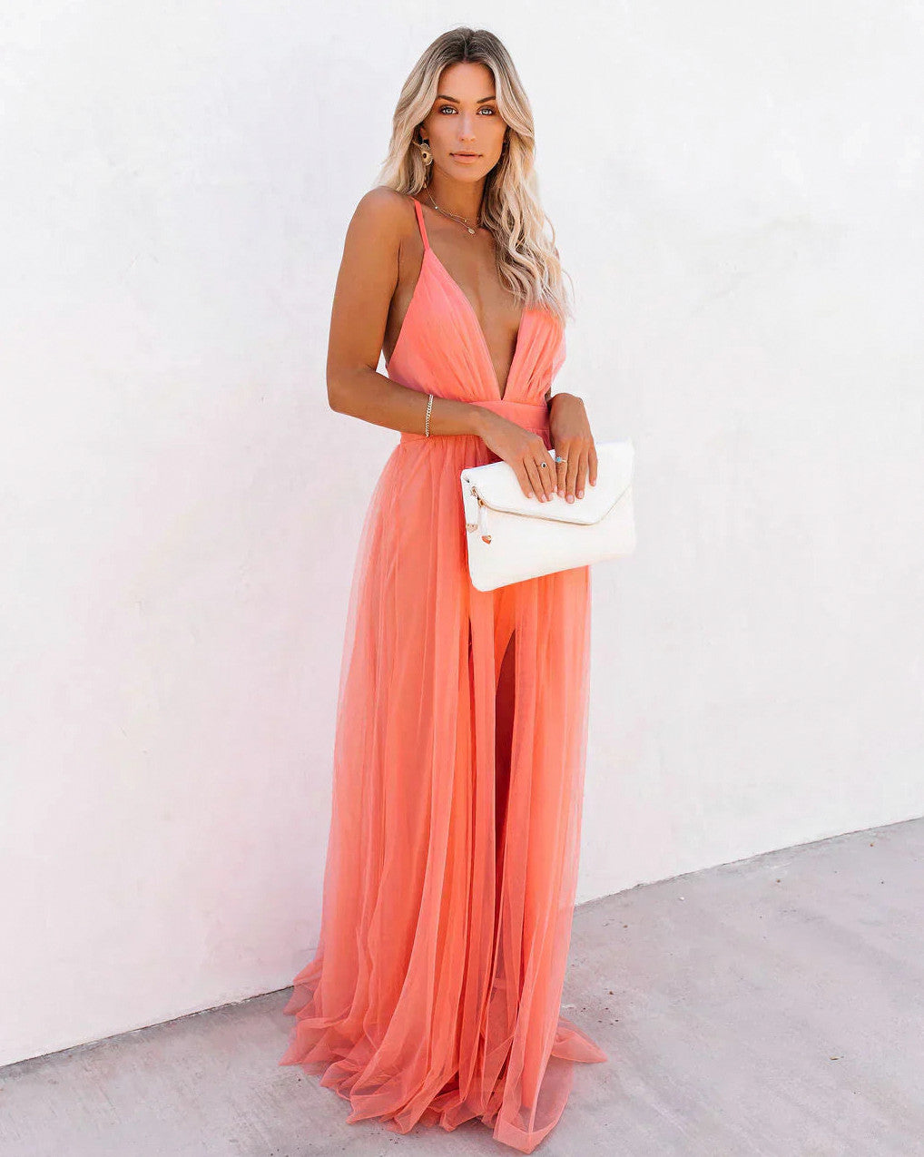 Plunging Tulle Maxi Dress