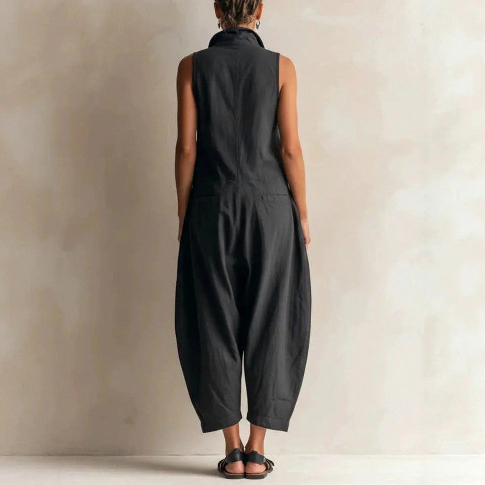 Sleeveless Button Front Cargo Jumpsuit