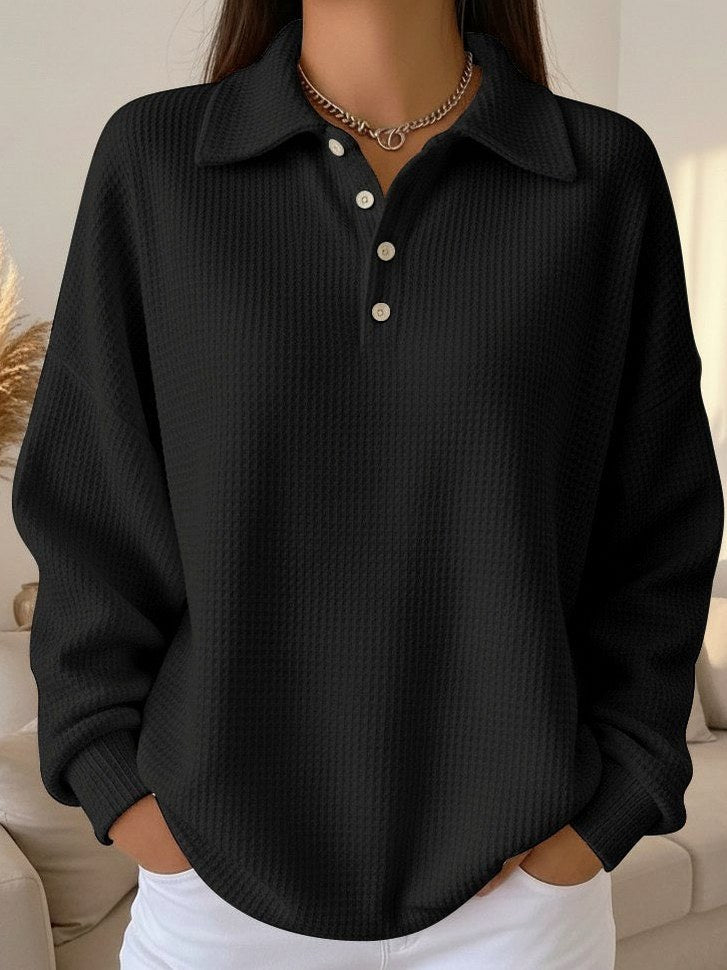 Waffle Knit Collared Sweater in Black