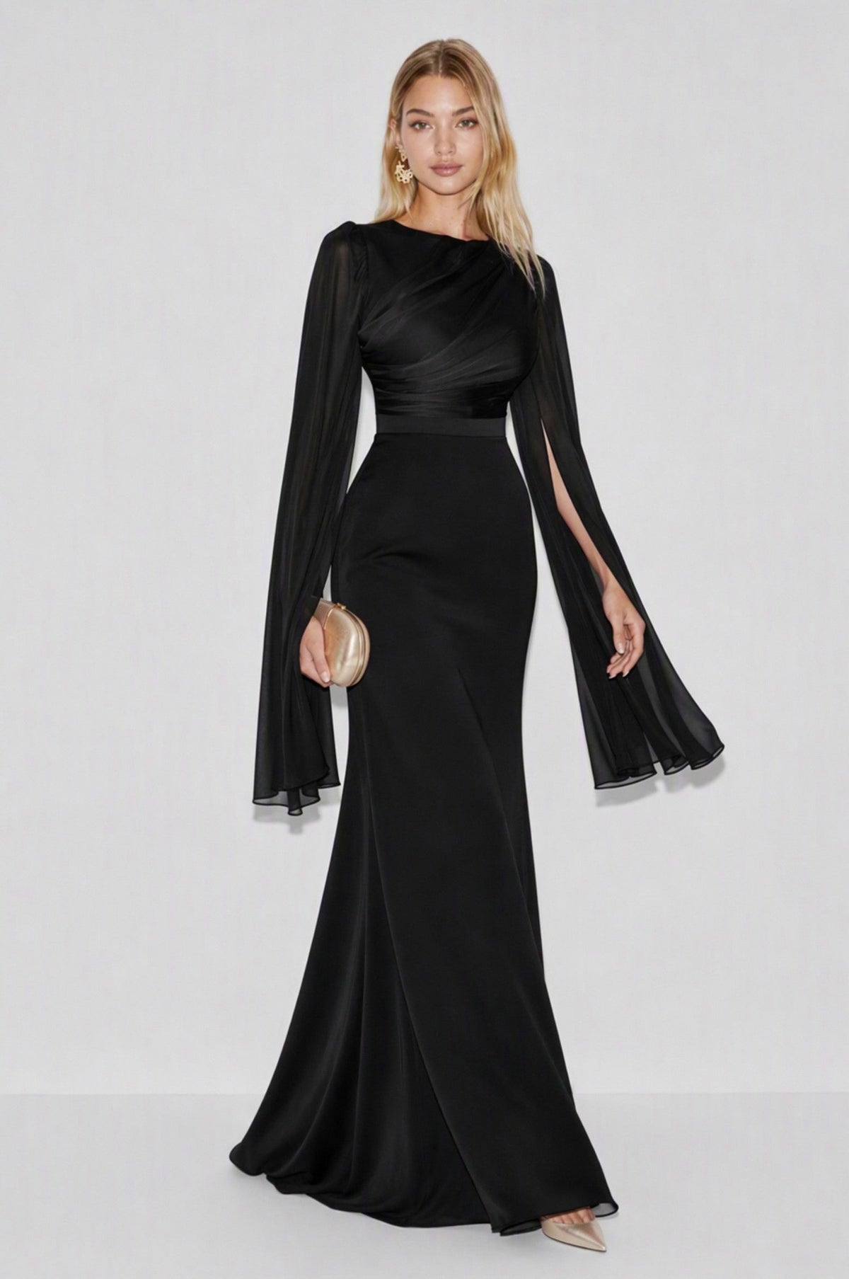 Ruched Cape Sleeve Maxi Dress in Black