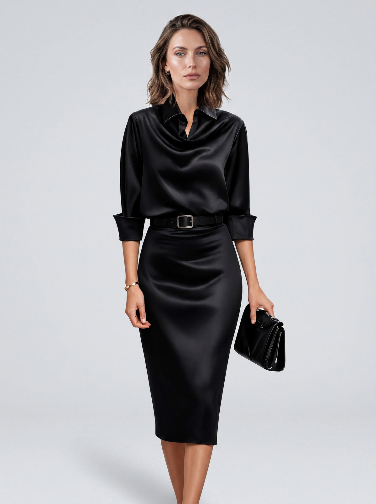 Satin Collared Midi Dress in Black