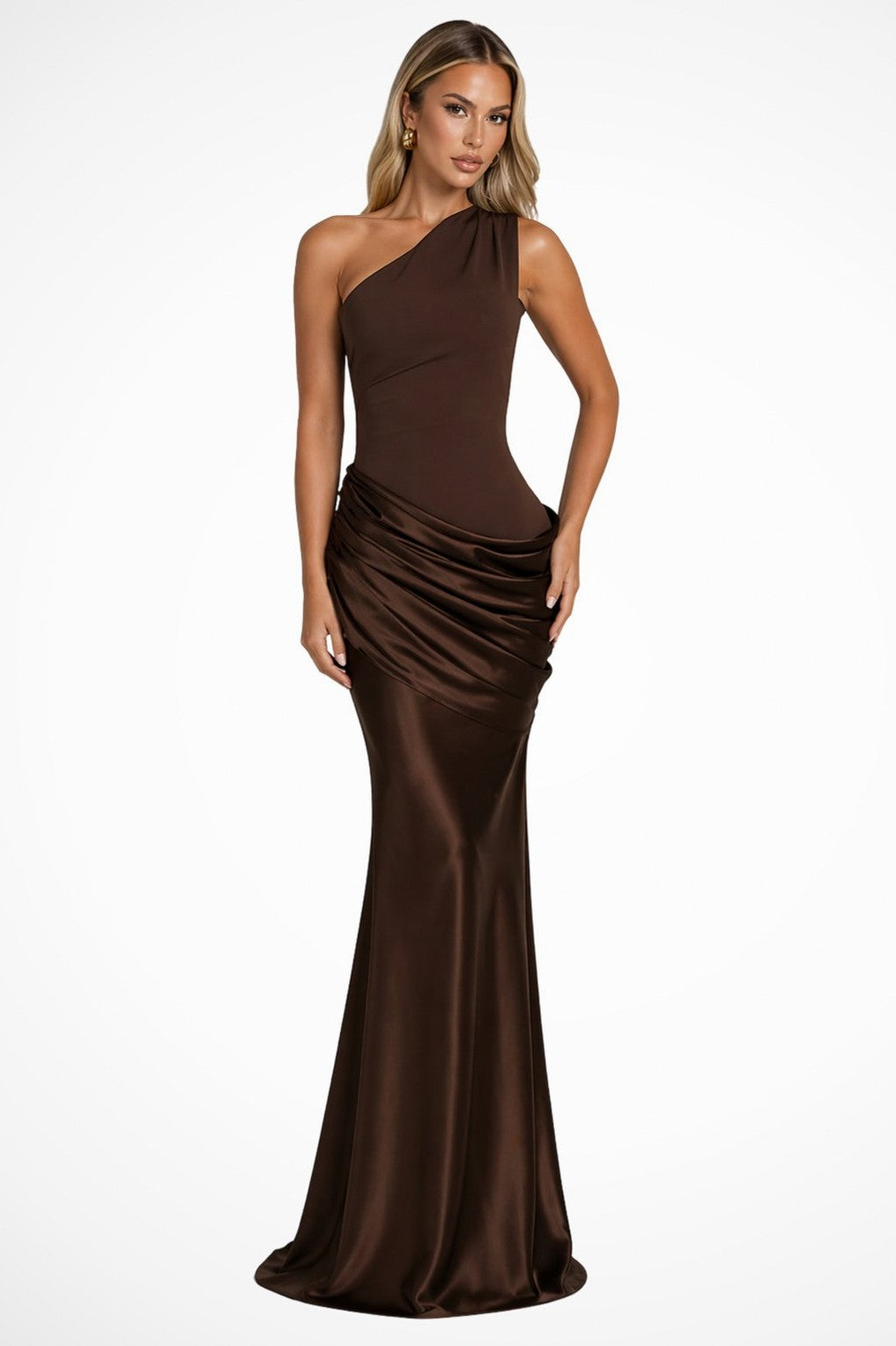 Satin One Shoulder Ruched Hip Maxi Dress in Brown