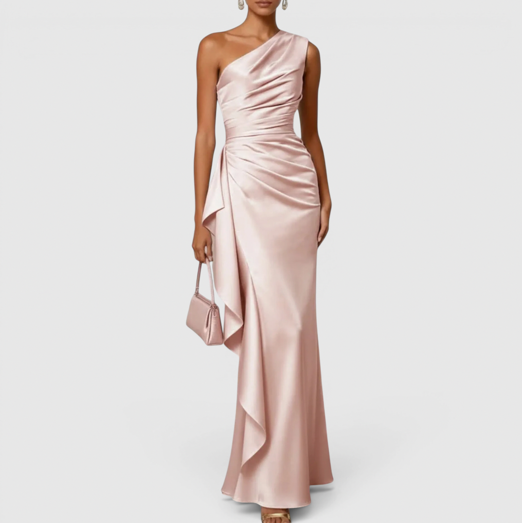 Satin One Shoulder Cascade Ruffle Maxi Dress in Light Pink
