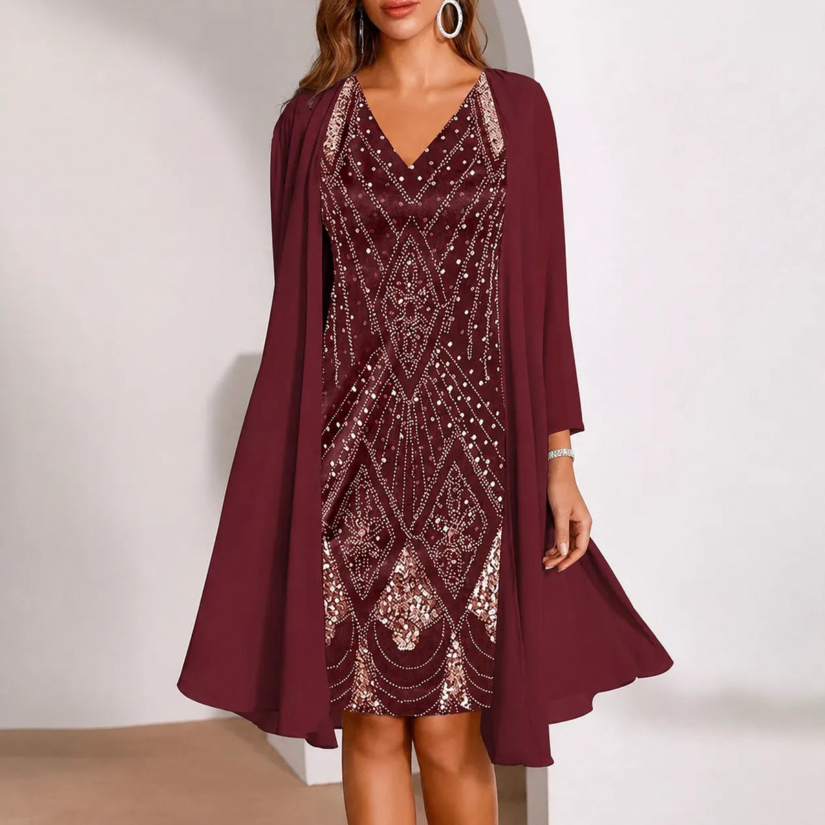 Sequin Print Dress and Chiffon Jacket Set in Burgundy