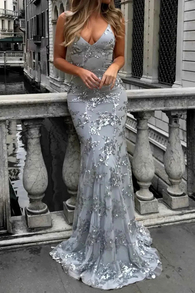 Sequin V Neck Maxi Dress