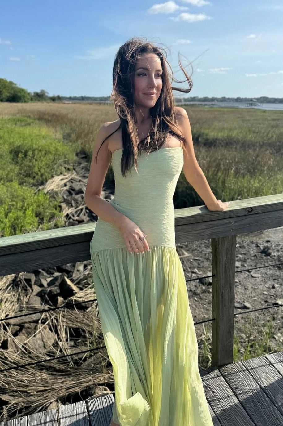 Strapless Pleated Chiffon Maxi Dress