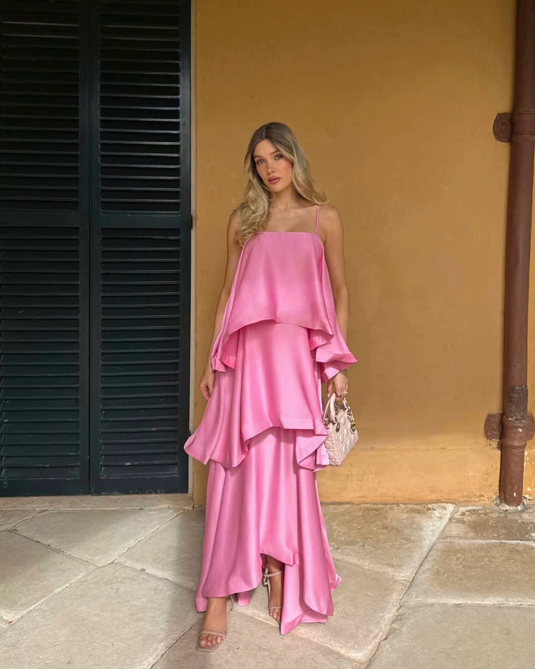 Tiered Satin Spaghetti Strap Maxi Dress in Pink