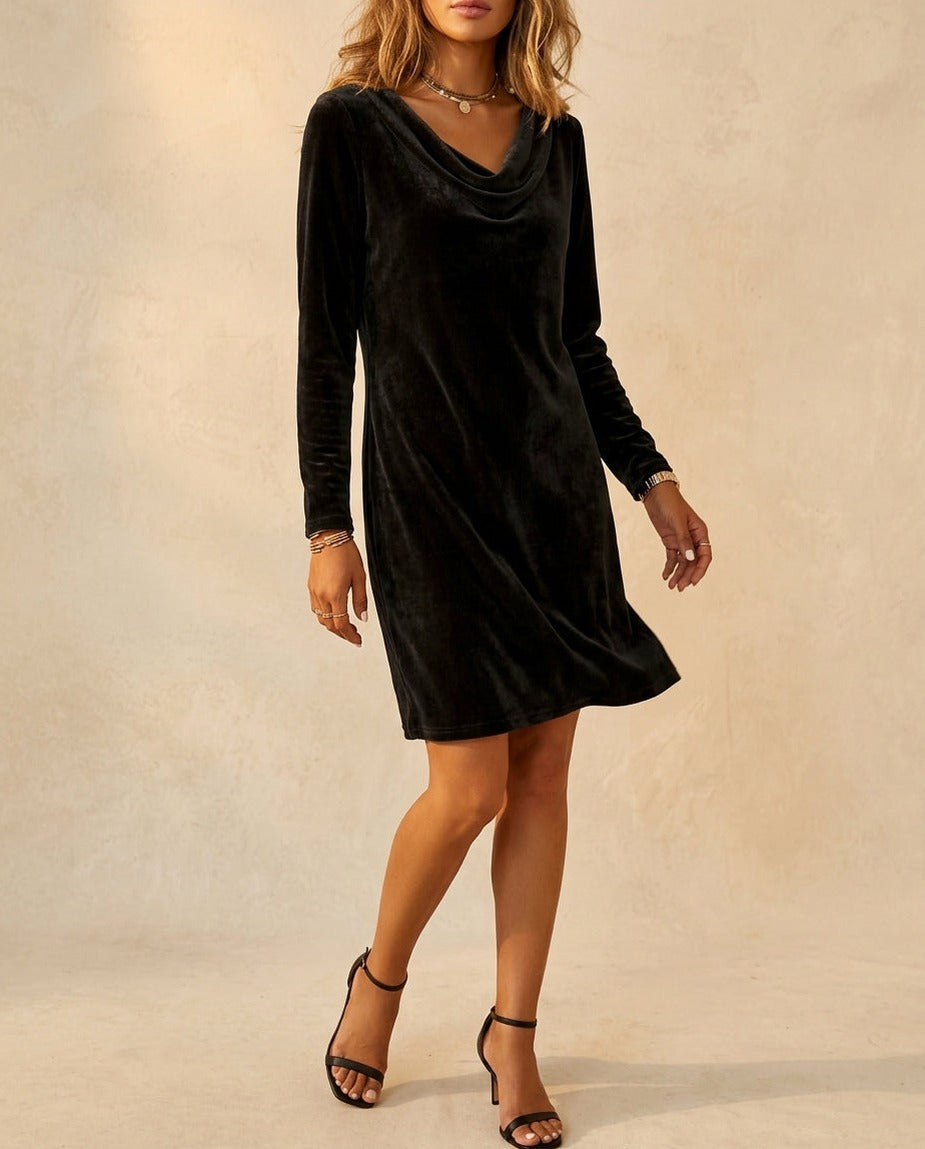 Velvet Cowl Long Sleeve Mini Dress in Black
