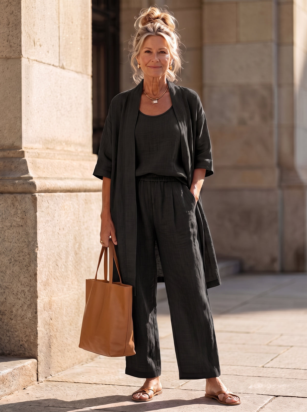 Gauze Kimono Cardigan Three Piece Set in Black