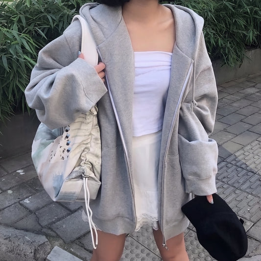 Oversized Fleece Zip Up Hoodie in Heather Gray