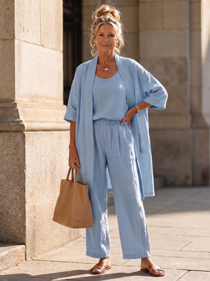 Gauze Kimono Cardigan Three Piece Set in Blue