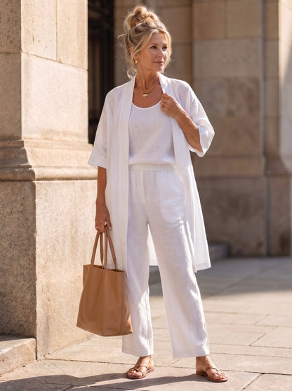 Gauze Kimono Cardigan Three Piece Set in White
