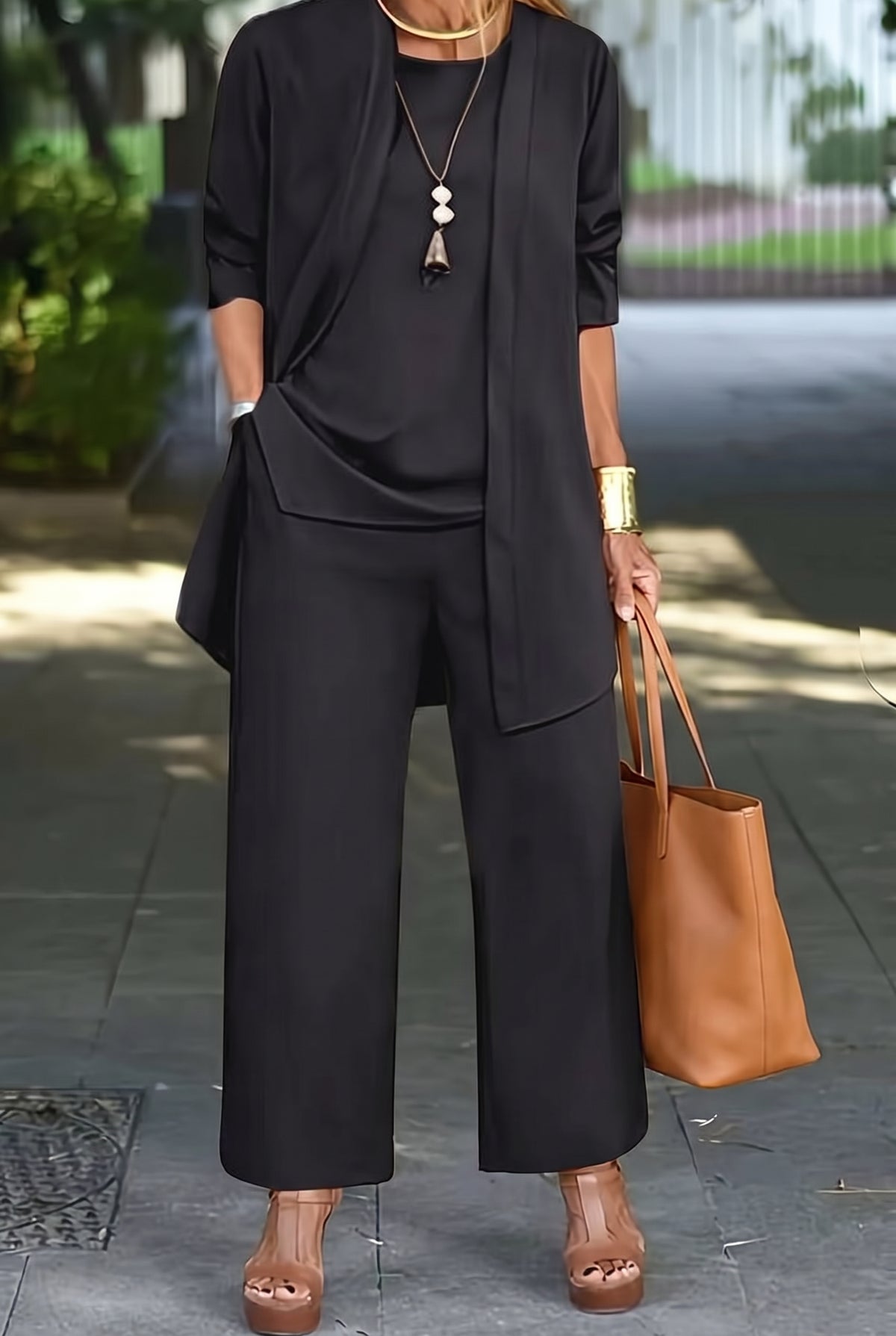 Draped Cardigan Three Piece Pant Set in Black