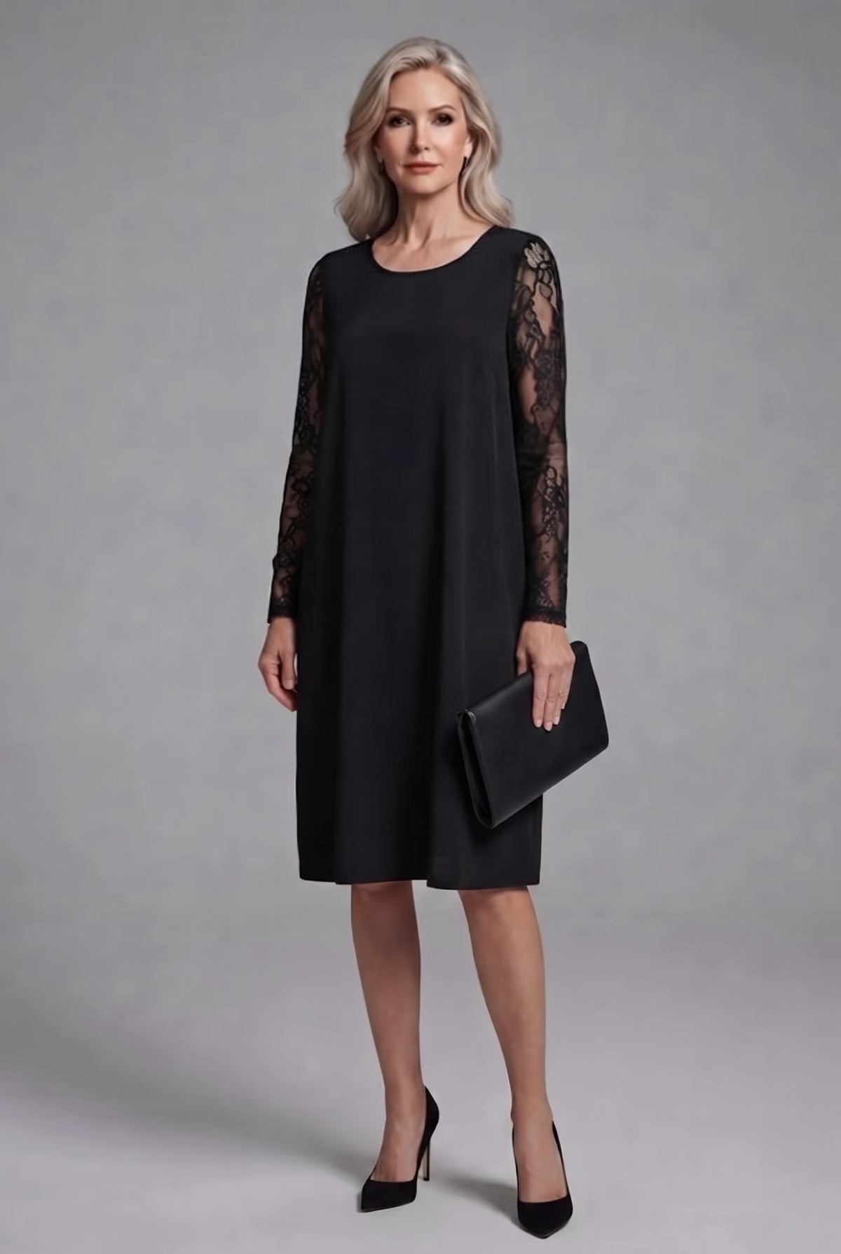 Lace Sleeve A Line Midi Dress in Black