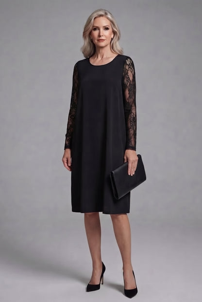 Lace Sleeve A Line Midi Dress in Black