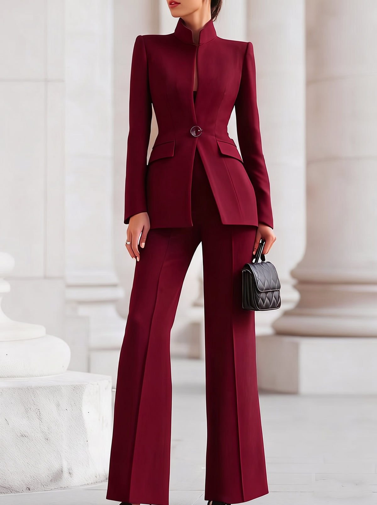Stand Collar Blazer and Pant Set in Burgundy
