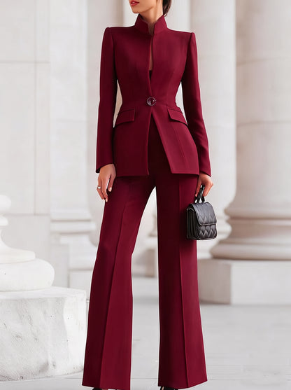 Stand Collar Blazer and Pant Set in Burgundy