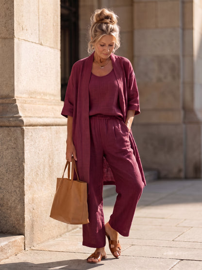 Gauze Kimono Cardigan Three Piece Set in Burgundy