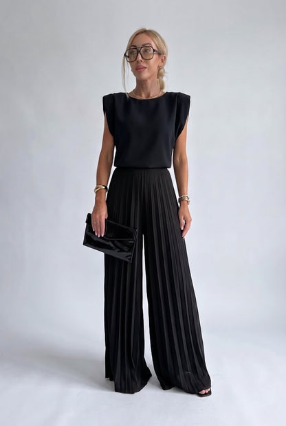 Sleeveless Top and Pleated Wide Leg Pant Set in Black