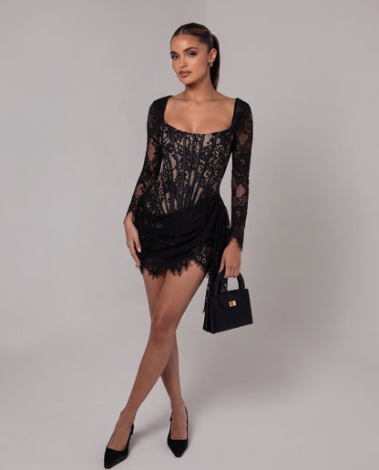 Lace Corset Long Sleeve Mini Dress