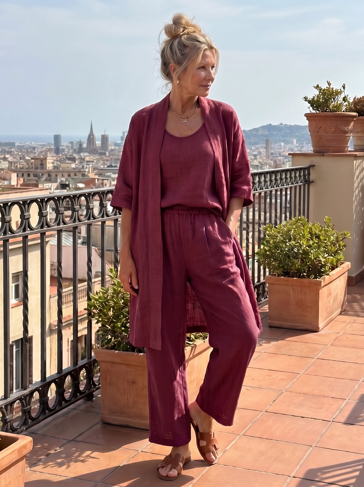 Gauze Kimono Cardigan Three Piece Set