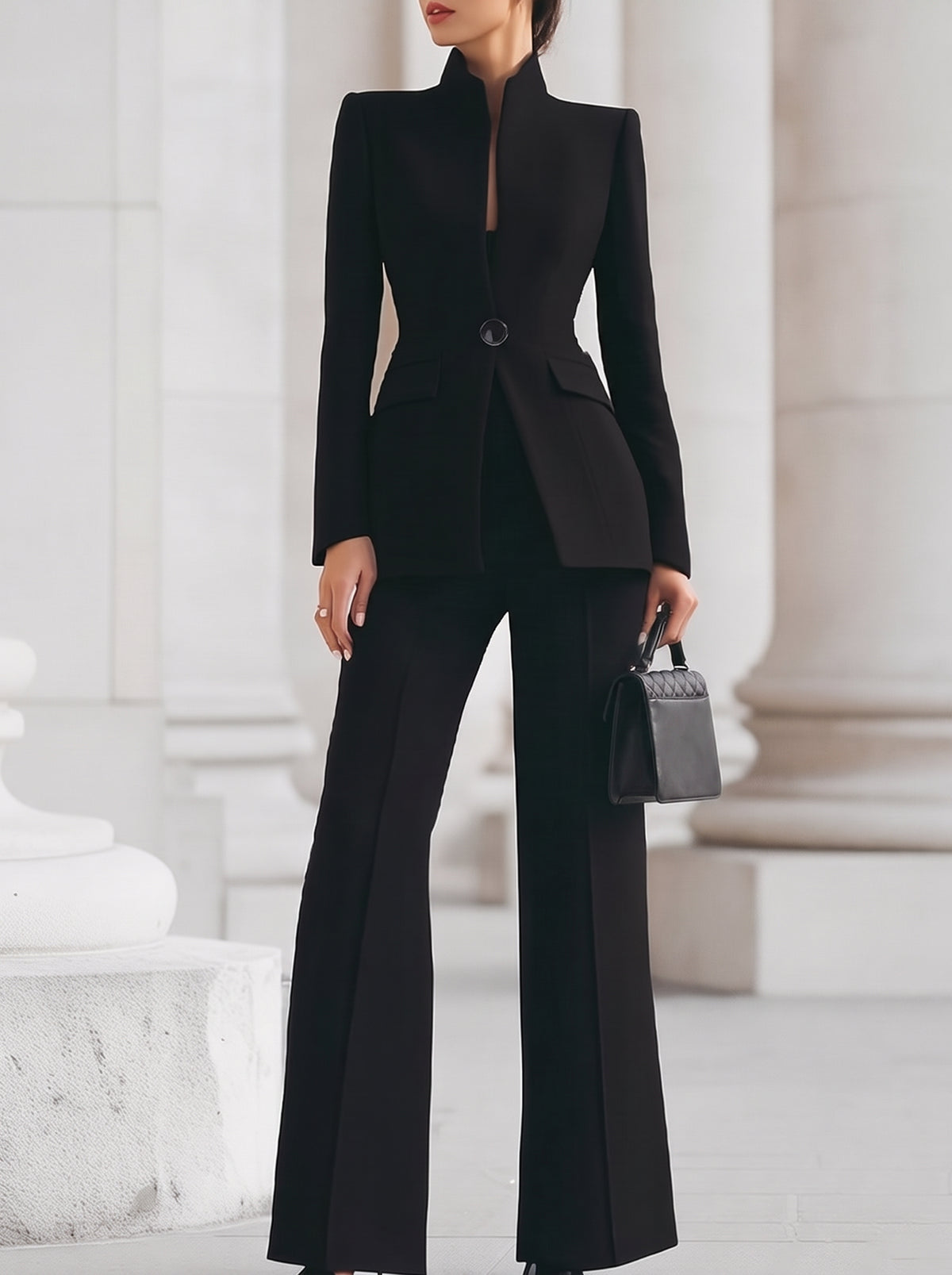 Stand Collar Blazer and Pant Set in Black