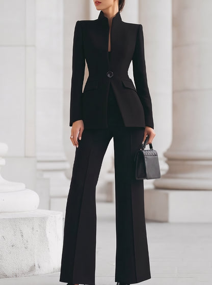 Stand Collar Blazer and Pant Set in Black