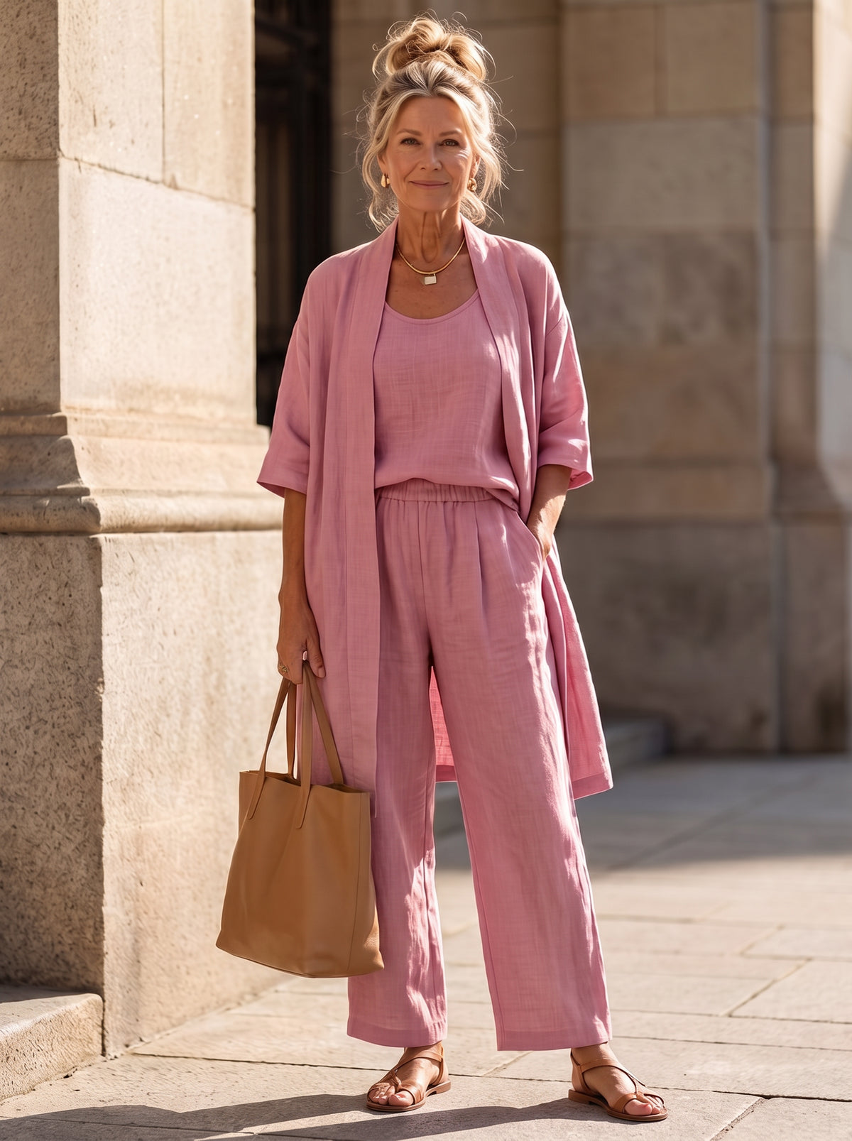 Gauze Kimono Cardigan Three Piece Set in Pink