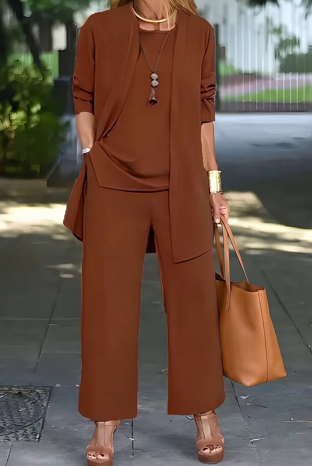 Draped Cardigan Three Piece Pant Set in Dark Brown