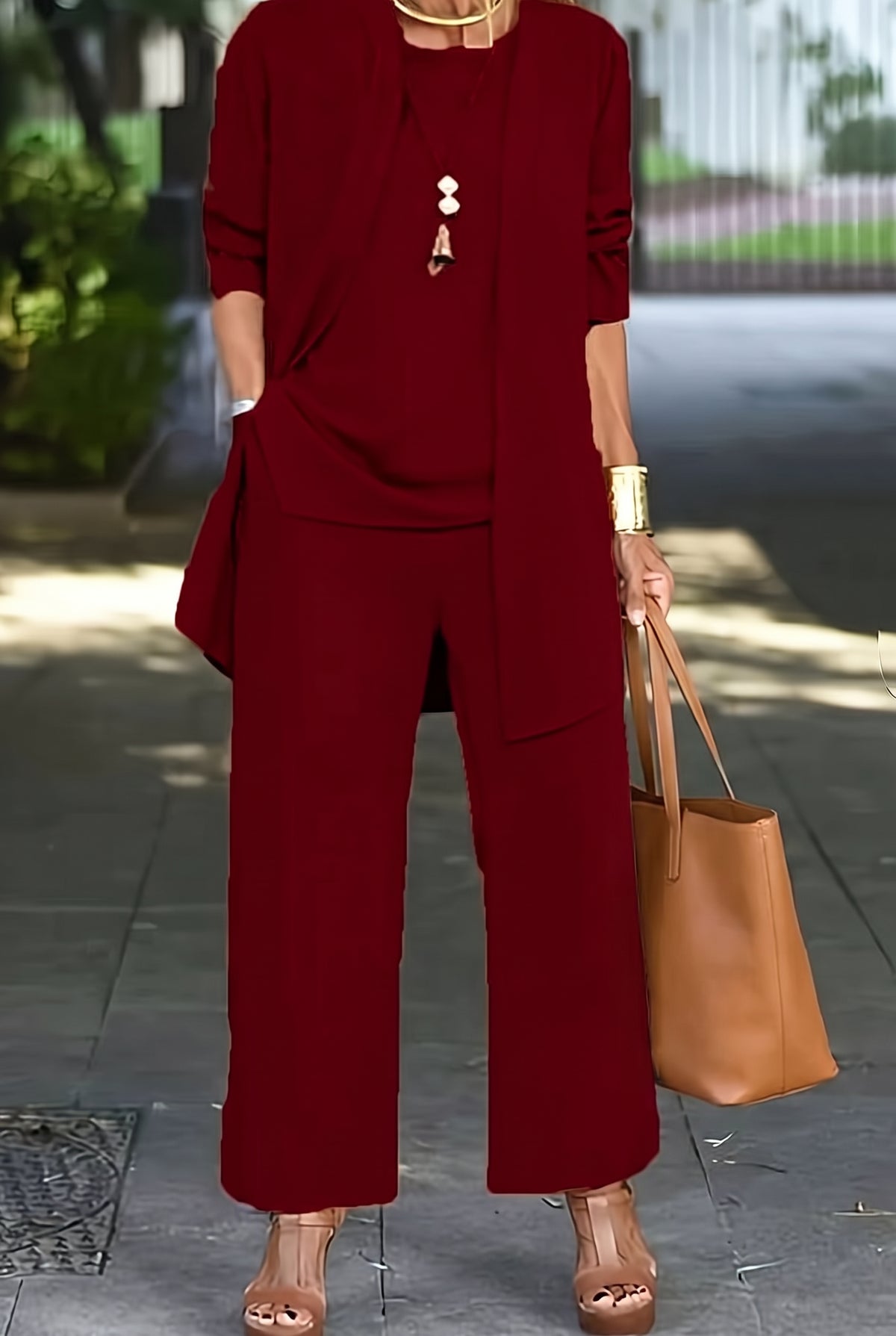 Draped Cardigan Three Piece Pant Set in Wine Red