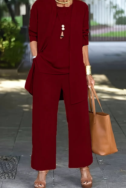 Draped Cardigan Three Piece Pant Set in Wine Red