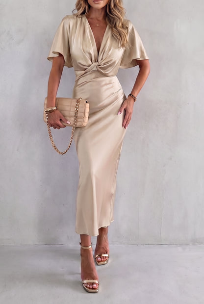 Satin Twist Front Midi Dress in Beige