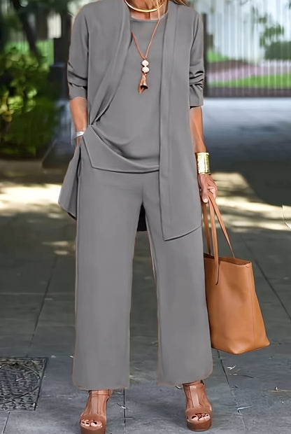 Draped Cardigan Three Piece Pant Set in Gray