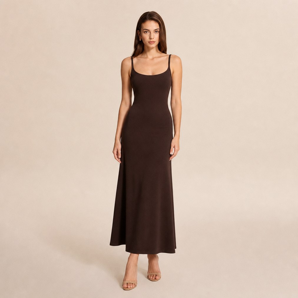 A Line Scoop Neck Maxi Dress in Dark Coffee